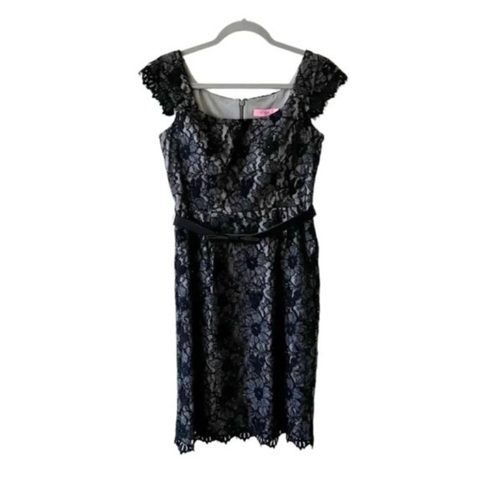 Eliza J Black Lace Party Dress Size 4 Belted Bow Accent Cocktails New Year's LBD